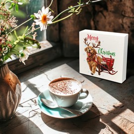 Kneaotoaji Golden Retriever Wooden Sign - Christmas Golden Retriever Dog Decor, Dog Gifts, Funny Merry Christmas Wooden Box Sign for Home Kitchen Bathroom Table Desk Shelf Decoration, 5x5 Inch