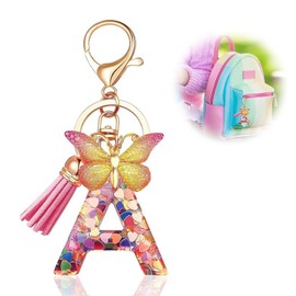 QttvbTna Initial Letter Butterfly Keychain, Women Tassel Butterfly Pink Cute Pendant, Alphabet A Keychain With Butterfly, Fashion Key Chain for Wallet Purses Backpack