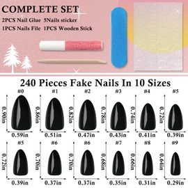 LoveOurHome 240pc Almond Press on Nails Short Fake Nails with Glue & Adhesive Tabs, Black Glue on Nails Press on Nail Almond Fake Nails Artificial False Fingernails Women XS Stiletto Stick on Nails