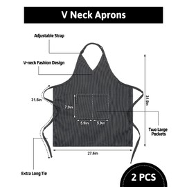 Liitrsh 2 Pack Unisex V Neck Aprons 2 Pockets Tuxedo Server Aprons Long Waist Tie Adjustable Waiter Pinafore for Cafe Bistro(Pinstripe)
