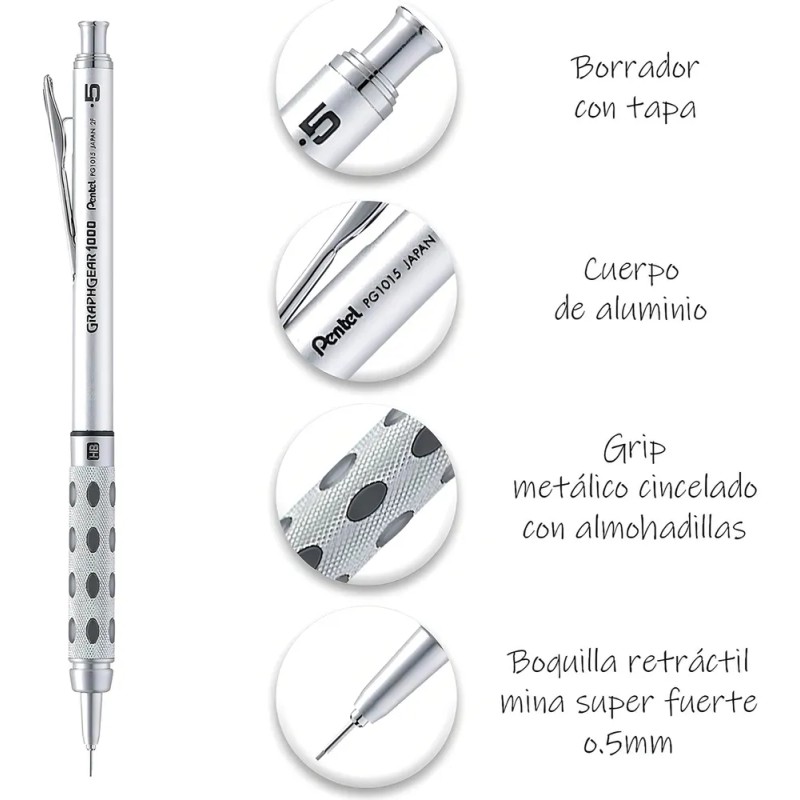 Lapicero Profesional Pentel Graphgear Plata Dibujo 0.5mm