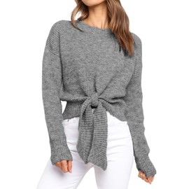 Okiwam Women's Long Sleeve Cropped Sweaters Casual Knit Pullover Tie Front Crew Neck Fall Outfits Fashion Clothes 2025-XL Grey