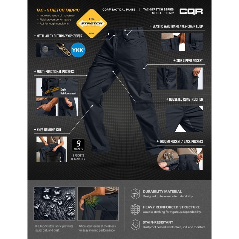 CQR Men's Flex Stretch Tactical Pants, Water Resistant Ripstop Cargo