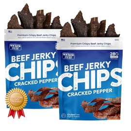 Wicked Cutz Cracked Pepper Beef Jerky Chips, 28g Protein per Bag, Crispy & Crunchy Beef Jerky Crisps, USA Made Pepper Flavored Chips, High Protein Carnivore Snacks (2 Bags)