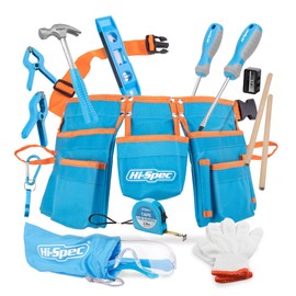Hi-Spec 16pc Blue Kids Tool Kit Set & Child Size Tool Belt. Real Set for DIY Building, Woodwork & Construction Learning for Kids