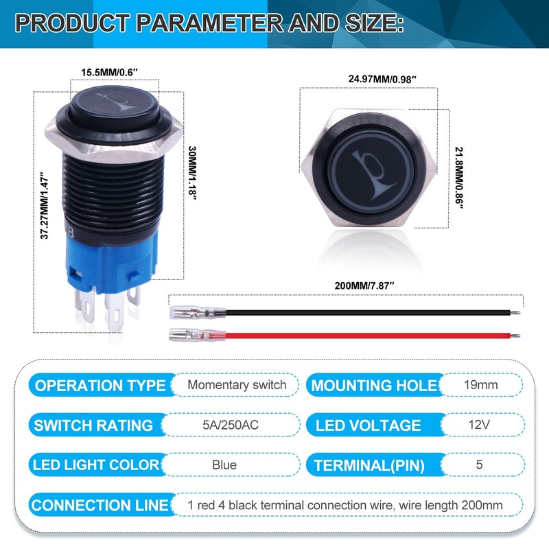Twidec/19MM Raised Speaker Horn Momentary Push Button Switch 3/4" Mounting