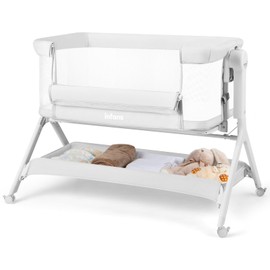 INFANS 5 in 1 Baby Bassinet, Upgraded Rocking Bedside Sleeper with Wheels, Storage Basket, Travel Bag, Mosquito Net, Height Adjustable, Portable All Mesh Crib for Newborn/Infant (Light Grey)