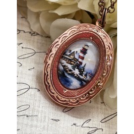 Fancy Fox Boutique Rose Gold Lighthouse Nautical Beach Brass Locket Necklace Pendant Wedding Mother