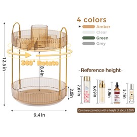 360° Rotating Makeup Organizer, Upgraded 2 Tier Skincare Perfume Organizers for Women, Bathroom Organizer Countertop, Clear Cosmetic Dresser Organizer with Makeup Brush Holder, Sink&Counter(Amber)