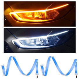 TOPKU LED Strip 2Pcs 24 Inch DRL White & Amber Headlight Surface Strip Tube Daytime Running Light Waterproof Switchback Article