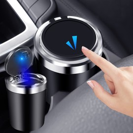 WT Car Ashtray, Portable Stainless Steel Vehicle, Smokeless Ashtray with Lid & LED Illuminated for Cars, Vans, Outdoors, Camping (Black)