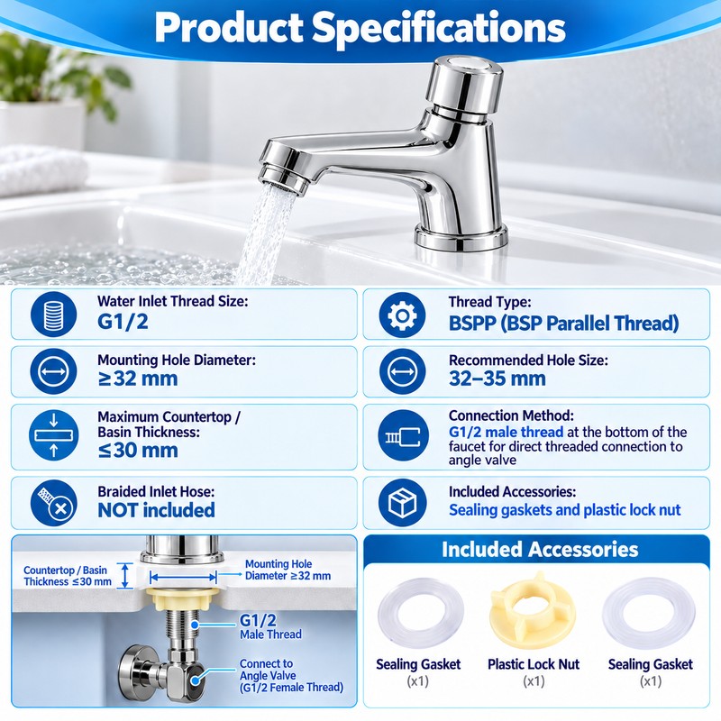G1/2 BSPP Self-Closing Basin Faucet for 32–35mm Mounting Holes –