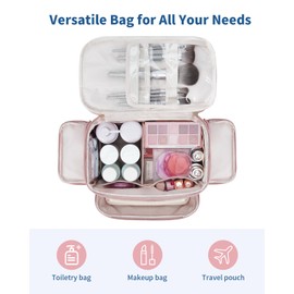 WANDF Travel Toiletry Bag, Large Wide-Open Makeup Bag with Handle, Puffy Cosmetic Wash Bag for Toiletries, Cosmetics, Accessories, Essentials for Women (Pink)