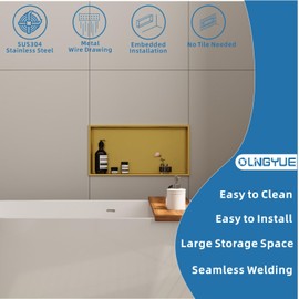 OLNGYUE Brushed Gold Shower Niche: No Tile Needed Stainless Steel - 24"x12" Recessed Wall Niches Shelf for Bathroom Kitchen Toilet Storage