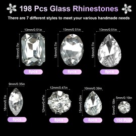 Pack of 198 Sew-On Glitter Stones, Glass Rhinestones, Metal Prong Setting Glass Crystal Gemstones, Rhinestones for Sewing on DIY Clothing, Textiles, Bridal Shoes, Bag, Shoes, White