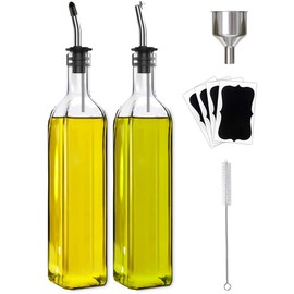 Olive Oil Dispenser Bottle, 2 Pcs Glass Olive Oil Dispenser and Vinegar Dispenser Set with 2 Stainless Steel Pourers, 4 Labels,1 Brush and 1 Funnel Oil Bottles for Kitchen (500ml)