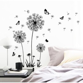 Arawat Pack of 2 Wall Stickers Dandelion Living Room Wall Stickers Flowers Wall Stickers Bedroom Wall Stickers Children's Room Window Tattoo for Gluing Black Wall Pictures Plants for Kitchen Bathroom