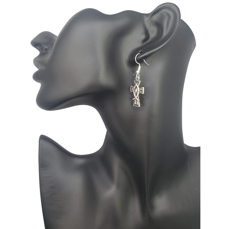 Christian Jesus Cross Ichthys Fish Antique Silver Tone Handmade Dangle