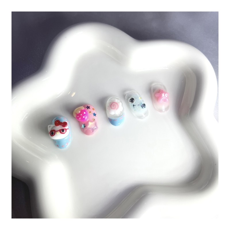 [Premium handmade embossed nail] Cat wearing glasses nail - Stiletto