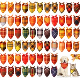 Sweetude 60 Pcs Fall Thanksgiving Plaid Dog Bandanas Bulk Thanksgiving Pet Scarf Bibs Puppy Bandana Adjustable Washable Kerchief Pet Costume Accessories Grooming Supplies for Small to Large Cats Dogs