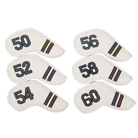 Golf Club Wedge Head Covers 6 Piece Set 50, 52, 54, 56, 58, 60 Degrees Headcover Protectors White with Rainbour Coloured Numbers