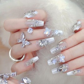 24Pcs Coffin Press on Nails Medium Decorate Fake Nails Transparent Glue on Nails White Gradient Butterfly Gem Pearl Nail Press ons Glitter Stick on Nails for Women Girls Manicure Style