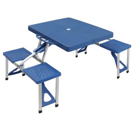 Portable Folding Picnic Table with with 4 Seats Chairs and Umbrella Hole,Plastic PS Thickening Table Chair Set for 4 Persons for Outdoor Camping Dining BBQ Party Blue