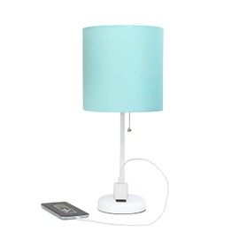Simple Designs LT2024-AOW-2PK Two Pack White Stick Table Desk Lamp Set with Charging Outlet and Drum Fabric Shade for Living Room, Hallway, Nightstand, Office, Aqua Shade