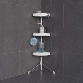 Better Living HiRise 3 Standing Shower Caddy, Adjustable 3 Large Baskets, Aluminum Rustproof Bathroom Shower Organizer with Storage Hooks, No Drill, Corner Shower Organizer, White