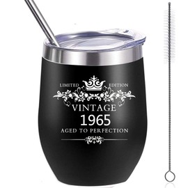 COFOZA 1965 60th Birthday Gifts for Man Woman 12 Ounce Stainless Steel Wine Tumbler Vacuum Insulated Cup 60 Years Birthday Anniversary Present with Sliding Lid Straw and Brush (Black)
