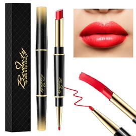 lapiz de labios rojo,Lápiz Labial 2 En 1 Resistente Al Agua, Delineador De Labios Y Lápiz Labial Combinado,No Se Decolora, Antiadherente, impermeable Labios Duraderos y Perfectamente Definidos (Rojo verdadero)