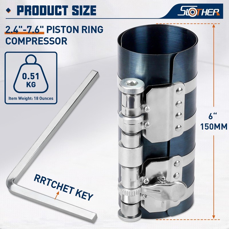 6”Piston Ring Compressor, Adjustable Ratchet Piston Installer Tool Removal Tool
