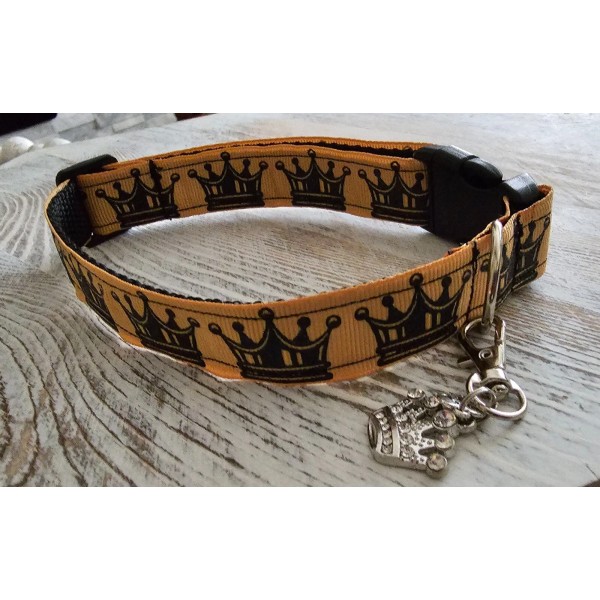 Handmade Yellow Prince Crown Adjustable Dog Collar with removable Tag