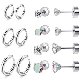 Titanium Earrings for Sensitive Ears - Flat Back Stud & Hoop Earrings Set, Hypoallergenic Surgical Stainless Steel, Cubic Zirconia - 7 Pairs (Silver-Aurora/Clear CZ)