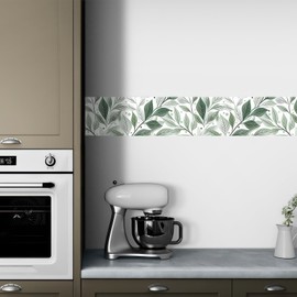 HOMETITUTE Wallpaper Border 4x196 Inch Peel and Stick PVC Wall Border Wallpaper Border with Green Botanical Leaf Pattern for Mirror Frame Paper Wall Decor Kitchen Bathroom Balcony Living Room
