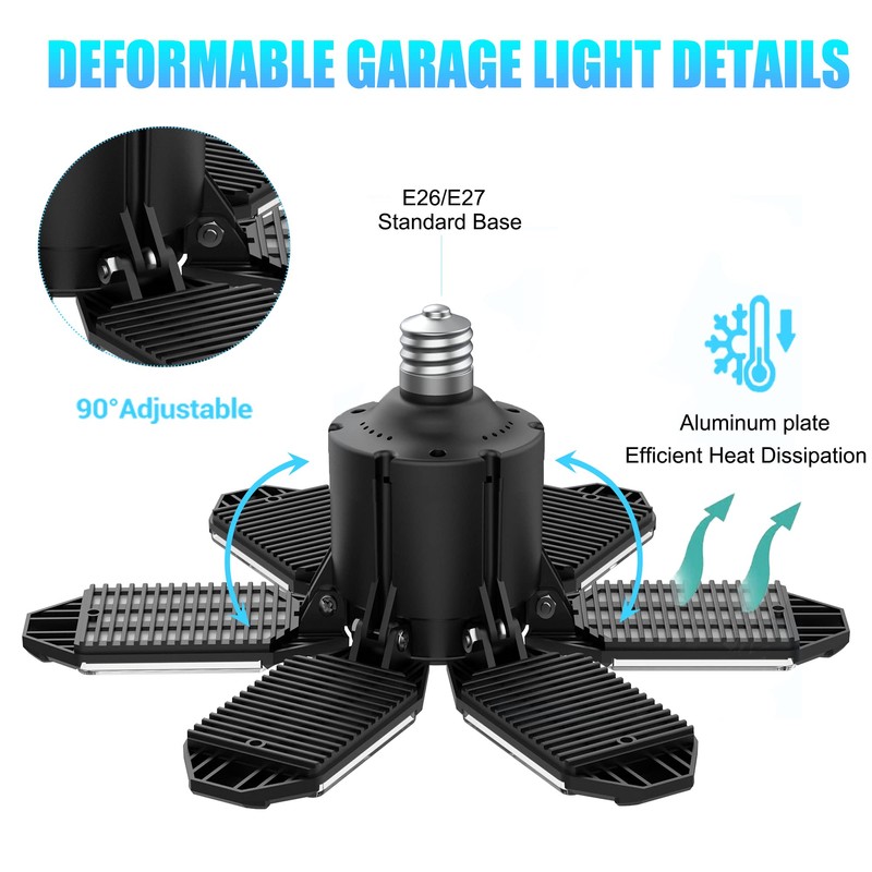 AYSEMO Garage Light Bulb LED 100W with 6 Deformable Panels,