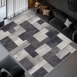 QDUIDU Modern Geometric Patchwork Indoor Area Rug for Living Room, Charcoal 4'x 6' Large Rug Rockwood Collection Hardwood Floors Decor for Bedroom, Grey Throw Carpet for Office Entryway Dining Room