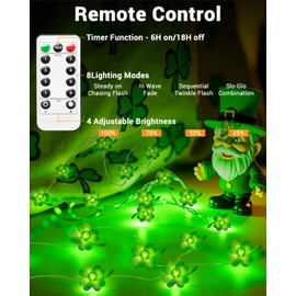btfarm St Patricks Day Decorations 16FT 50 LED Green Shamrocks Fairy String Lights Battery Operated with Remote Timer, Lucky Clover St Patricks Day Decor Irish Waterproof for Indoor Party Bedroom