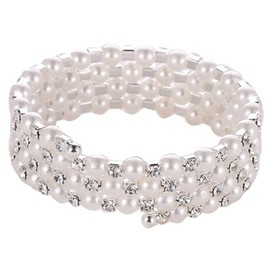 SHOWERORO Pearl Rhinestones Bangle Bracelet Elastic Bracelet for Bridal and Daily Wear