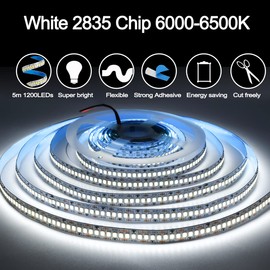 Tesfish Tira de luces LED de 12 V, 240 LED/M, total 1200 LED blanco 6000 K 16.4 pies tira de luz LED 2835 IP20 luces de cinta LED súper brillante para recámara, estante cocina decoración