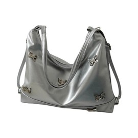 TQUXNGA Stilvolle PU-Umhängetasche mit Schmetterlings-Dekoration für Damen, Handtasche für den Alltag, Verabredungen und Partys, silber