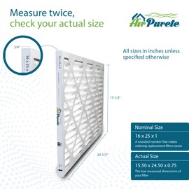 16x25x1 HIGH CAPACITY Furnace Filter | AirPurete AP- 3M16251 | Actual Size 15 1/2" x 24 1/2" x 3/4" | MERV 11 | Pack of 12 | Manufactured in United States