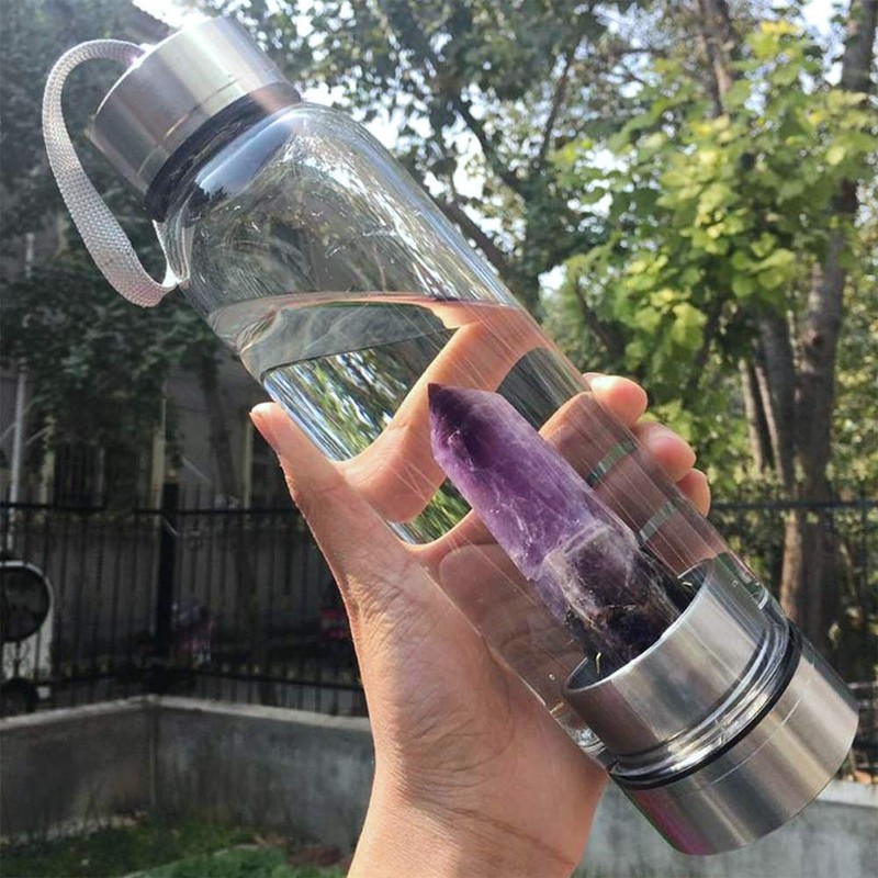 HINATAA Crystal Water Bottle, Removable Healing Natural Quartz Water Bottle,