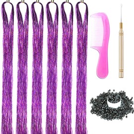 43 Inch Hair Tinsel Kit with Tools 6 Packs 1200 Strands Tinsel Hair Extensions for Women Girls Heat Resistant Sparkling Shiny Glitter Hair Pieces for Christmas Cosplay Party New Year (43 inch, purple)