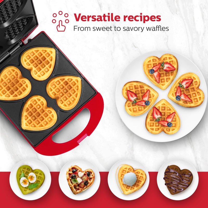 Holstein Housewares 4-Section Heart Shaped Waffle Maker, Non-Stick Waffle Iron,