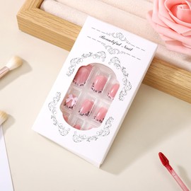 Eoopoon 24Pcs Pink French Tip Press On Nails – Short Square Glossy Nude Fake Nails, Full Cover Stick On Nail Set for Women, 3D Resin Bow Charm Designs for Women Girls DIY Manicure(white bow)