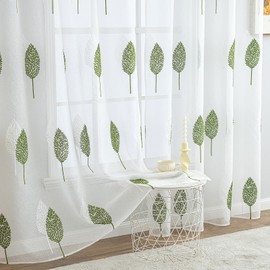 MIULEE Transparent Curtains with Green and White Leaves Pattern, Eyelets 225 cm High, Modern Curtains Living Room Set of 2, Embroidery Window Eyelet Curtain Short, Bedroom Curtains