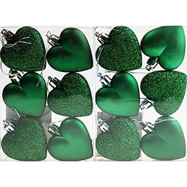 BWG Set Of 12 x Love Heart Christmas Tree Baubles - Deep Emerald Green