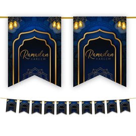 Ramadan Mubarak Kareem Bunting Party Flags - Ramadhan Decorations Banner Partyware Decor (Navy & Gold) 10 Flags