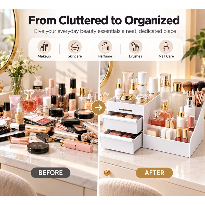 9-Grid Makeup Organizer for Vanity Storage – White Plastic Drawers